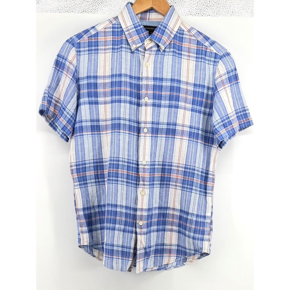 Banana Republic Mens Small Blue Plaid Linen Cotton Short Sleeve Button Up 0948